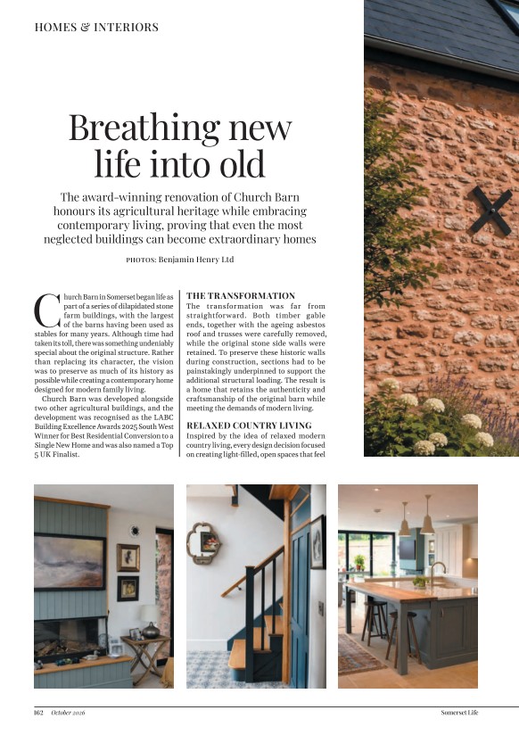 Somerset Life, October 2026, page 162 — Breathing new life into old, Church Barn feature