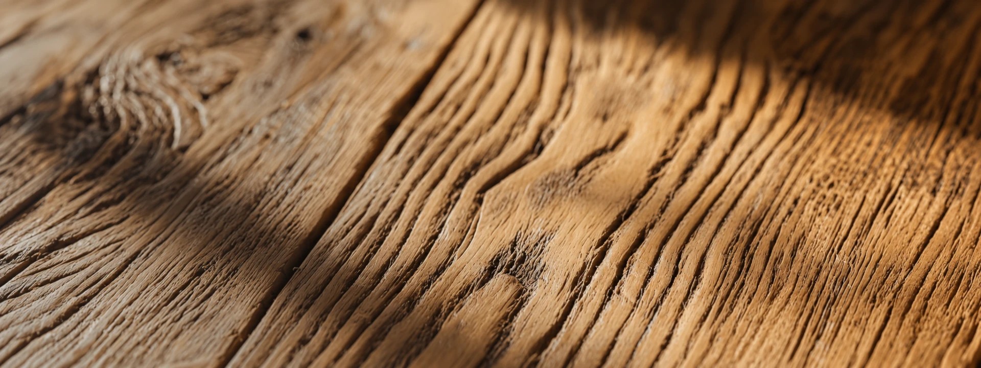 Close-up of weathered reclaimed timber boards with deep grain & age cracks