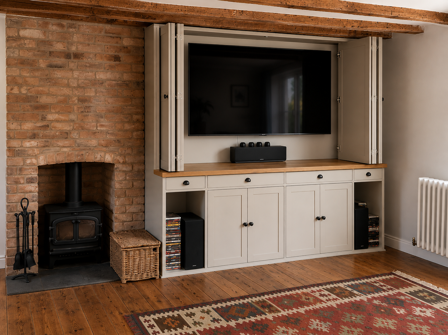 Bespoke media unit with concealed TV